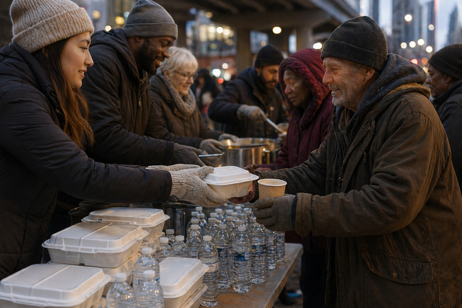 Volunteers serving hot meals and water to Toronto neighbours across an outreach table.