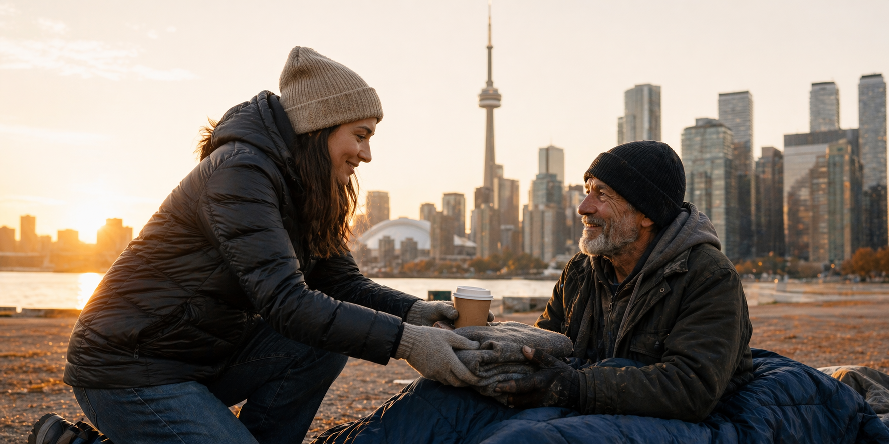 A volunteer handing a warm drink and folded blanket to an older Toronto neighbour at sunrise with the skyline behind them.