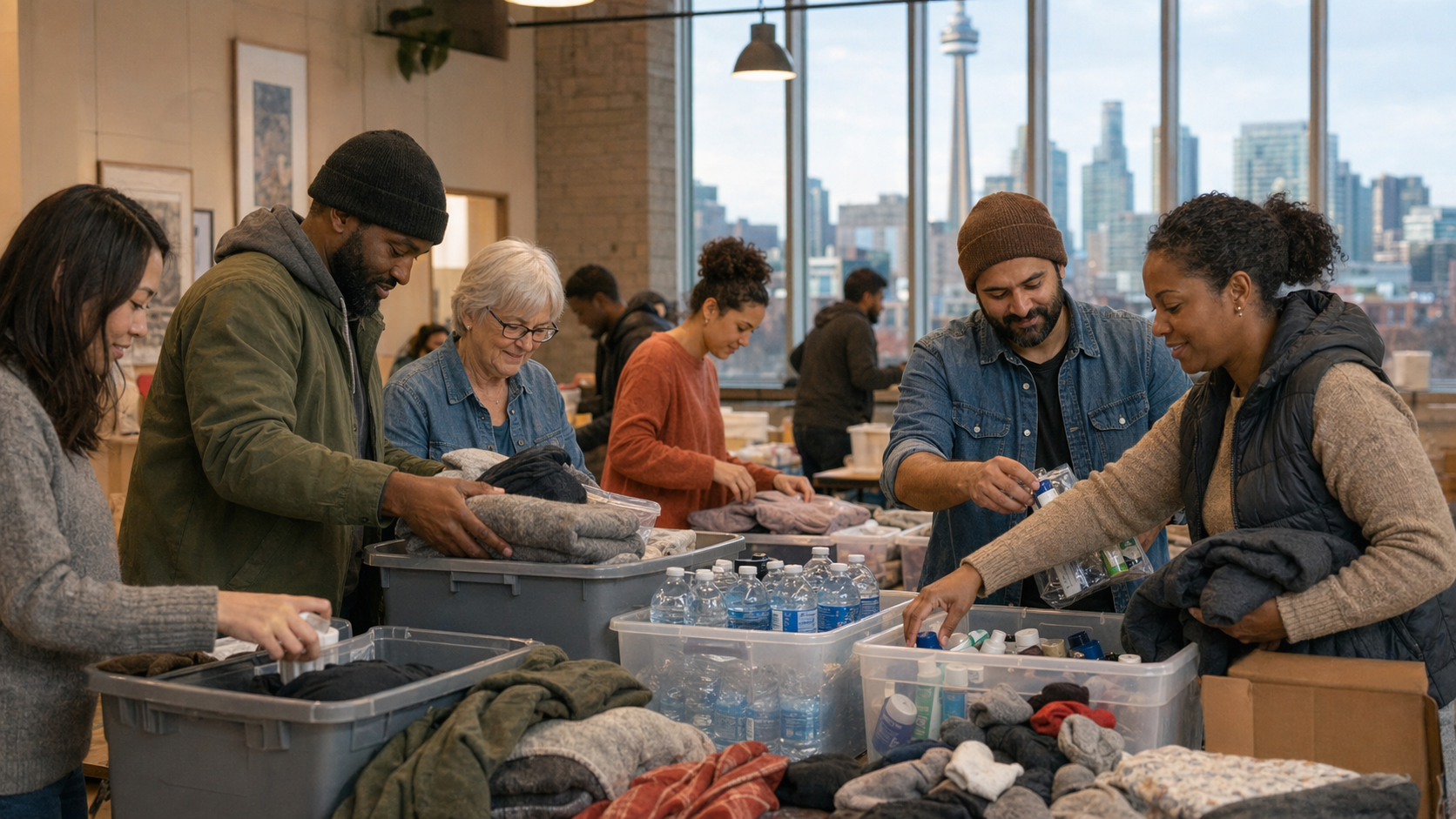 Volunteers in a Toronto community space sorting coats, bottled water, and hygiene items into bins.