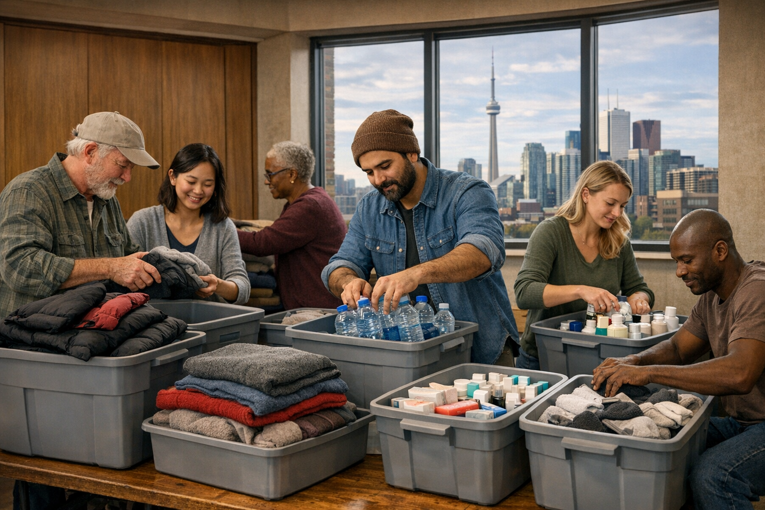 Volunteers organizing folded clothing, hygiene supplies, and bottled water for weekly Toronto outreach.