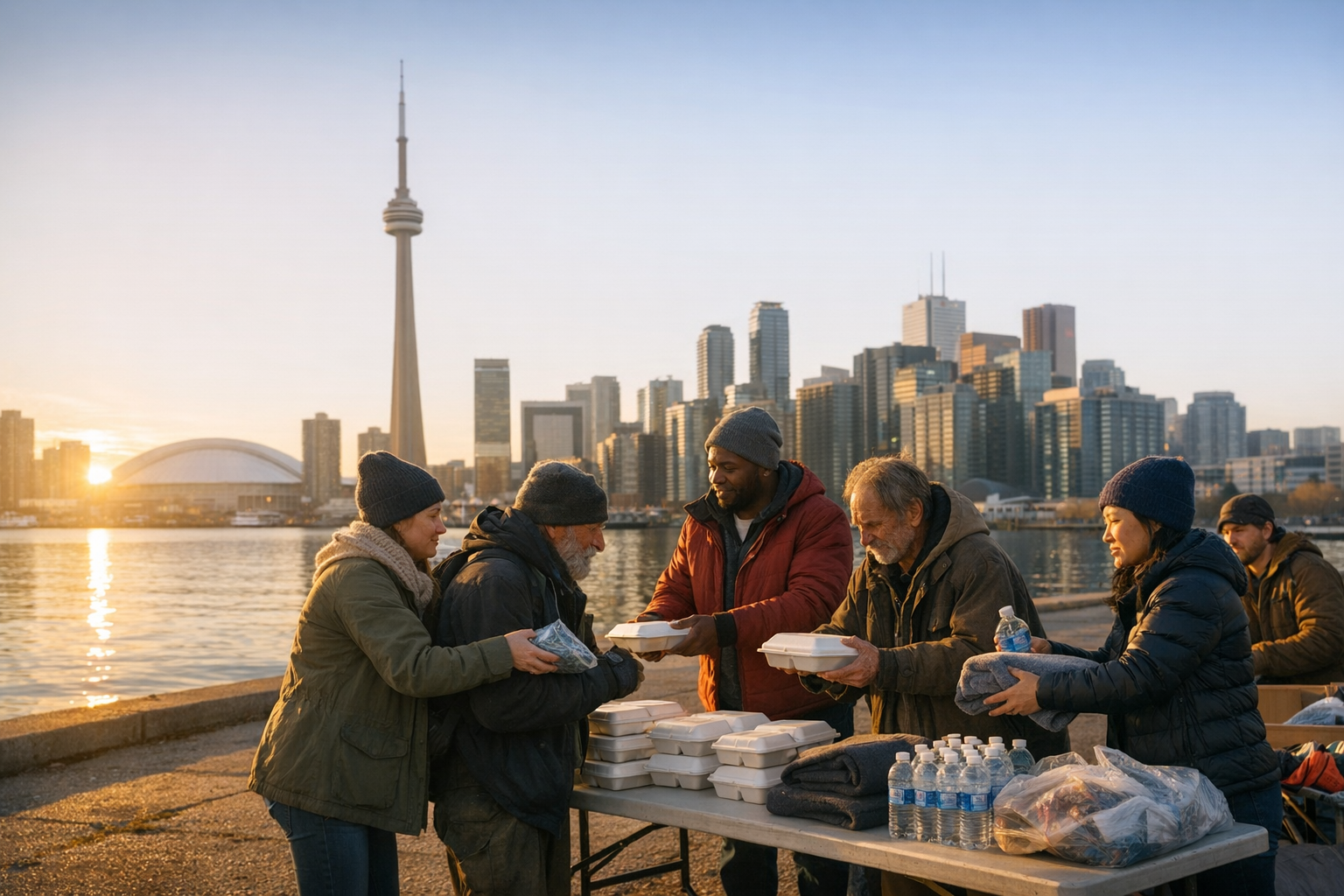 Volunteers serving hot meals, water, and essentials to unhoused Toronto neighbours by the waterfront skyline.